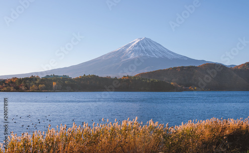 Fuji mountain and lake Kawaguchiko in autumn season, Japan.