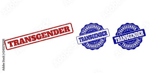 TRANSGENDER grunge stamp seals in red and blue colors. Vector TRANSGENDER overlays with dirty style. Graphic elements are rounded rectangles, rosettes, circles and text captions.