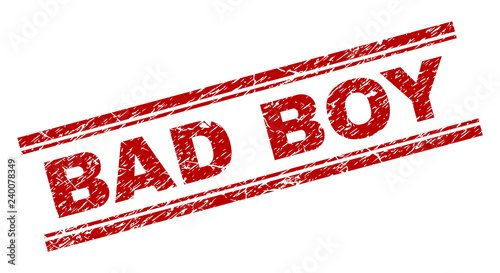 BAD BOY seal imprint with distress texture. Red vector rubber print of BAD BOY text with unclean texture. Text caption is placed between double parallel lines.