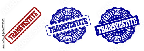 TRANSVESTITE grunge stamp seals in red and blue colors. Vector TRANSVESTITE labels with grainy effect. Graphic elements are rounded rectangles, rosettes, circles and text labels.