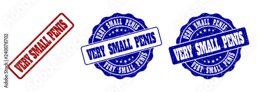 VERY SMALL PENIS grunge stamp seals in red and blue colors. Vector VERY SMALL PENIS marks with grunge surface. Graphic elements are rounded rectangles, rosettes, circles and text titles.