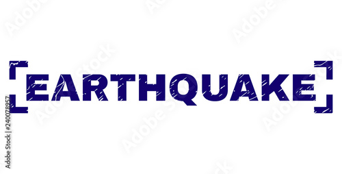 EARTHQUAKE text seal print with distress style. Text tag is placed inside corners. Blue vector rubber print of EARTHQUAKE with retro texture.