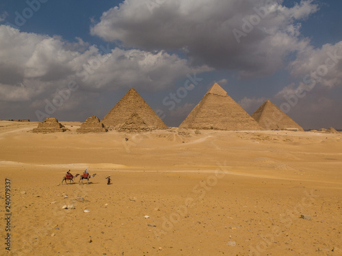 Touring with camels in front of the great pyramids on a beautiful sunny day