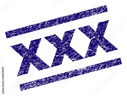 XXX seal print with distress style. Blue vector rubber print of XXX text with scratched texture. Text label is placed between parallel lines.