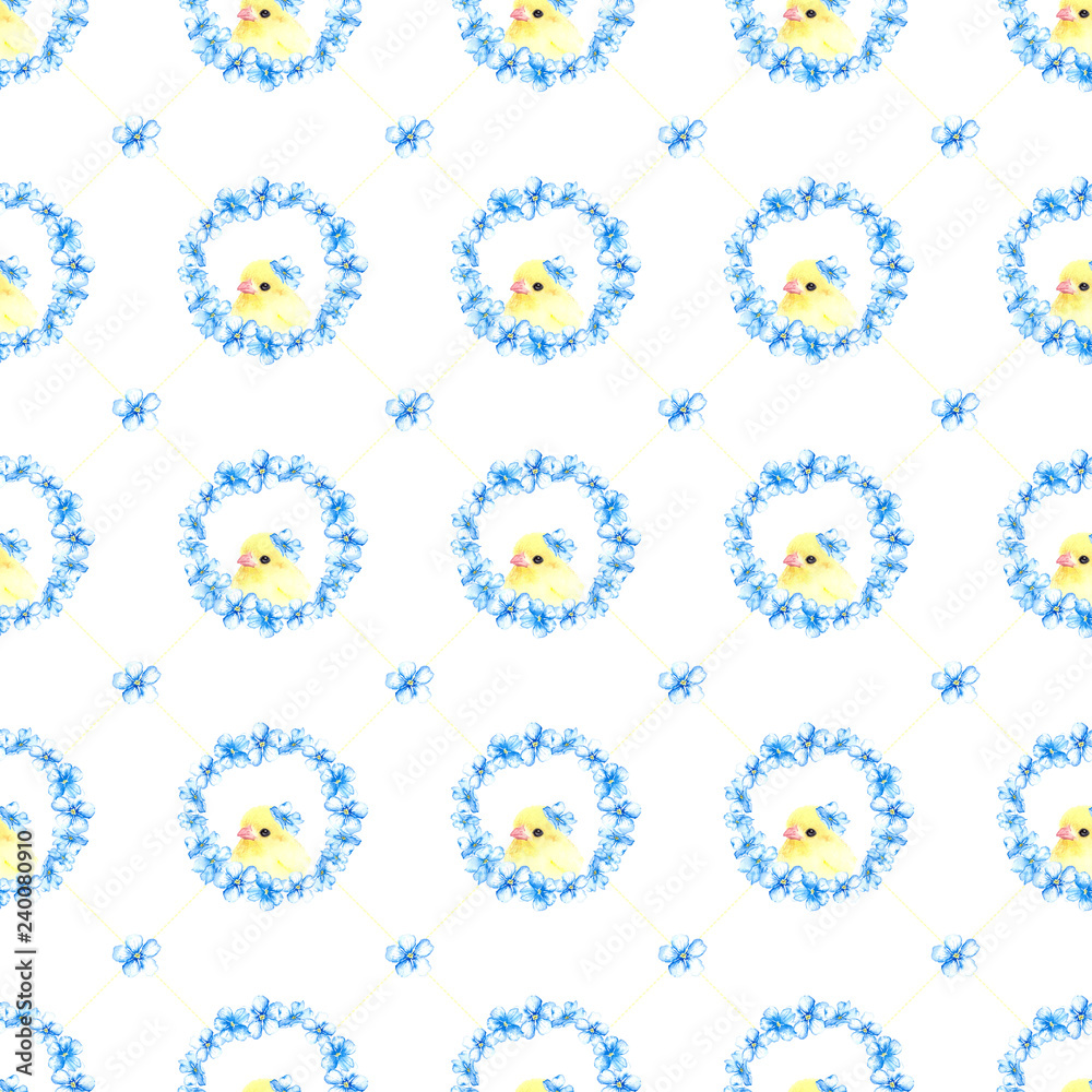 Watercolor Easter pattern. Chicken in an egg with a wreath of blue flowers. Isolated on white background. Watercolor Easter pattern. Chicken in an egg with a wreath of blue flowers. Isolated on white background.
