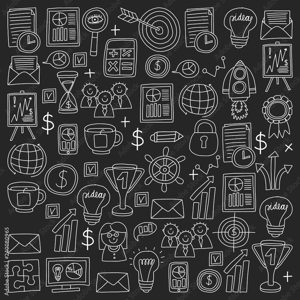 Vector set of bussines icons in doodle style chalk on black background. Vector set of bussines icons in doodle style chalk on black background.