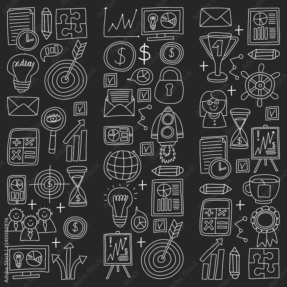 Vector set of bussines icons in doodle style chalk on black background. Vector set of bussines icons in doodle style chalk on black background.