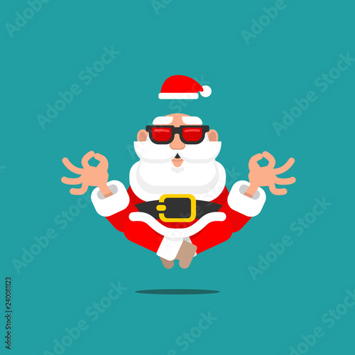 Older Santa Claus in meditation levitating in the air with sunglasses in a relaxing mental position of Yoga symbolizing a spiritual symbol of OM.