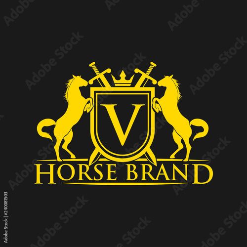Initial Letter V logo. Horse Brand Logo design vector. Retro golden crest with shield and horses. Heraldic logo template. Luxury design concept. Can be used as logo  icon  emblem or banner.