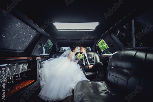 The couple sitting in the limo. Portrait of a beautiful young couple who rides around the city