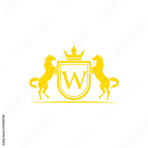 Initial Letter W logo. Horse Brand Logo design vector. Retro golden crest with shield and horses. Heraldic logo template. Luxury design concept. Can be used as logo, icon, emblem or banner.
