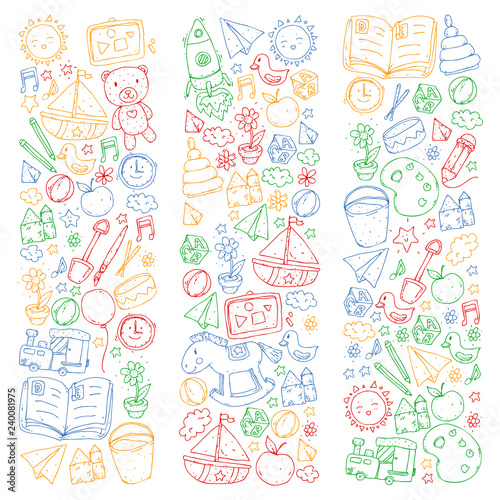 Kindergarten Vector pattern with toys and items for education. © helen_f