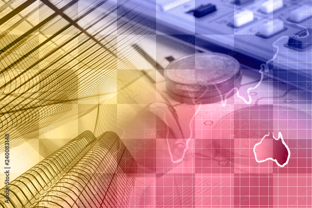 Obraz premium Calculator, buildings and map