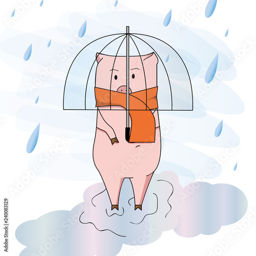 поросёнок под зонтом во время дождя