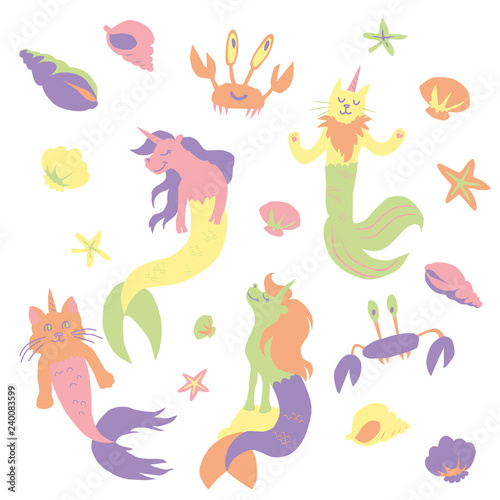Caticorns and unicorns mermaid vector illustration
