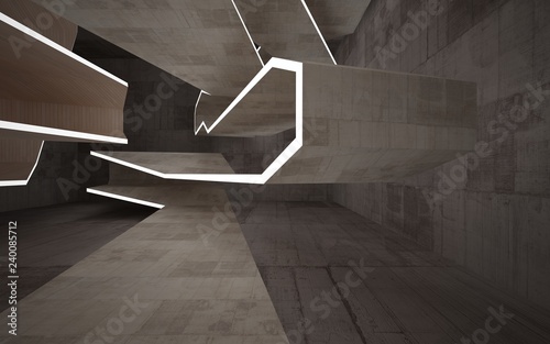 Empty abstract room interior of sheets wood and brown concrete. Architectural background. Night view of the illuminated. 3D illustration and rendering