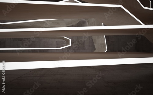 Empty abstract room interior of sheets wood and brown concrete. Architectural background. Night view of the illuminated. 3D illustration and rendering