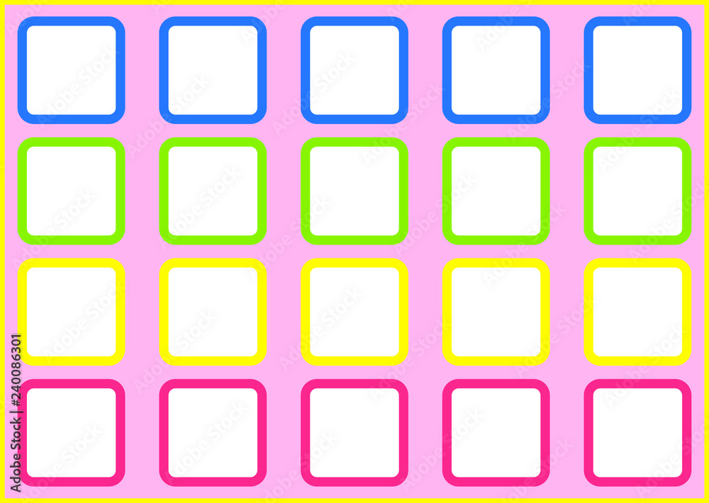 twenty rounded squares with a white background inside, in four rows and five columns, on a pink background