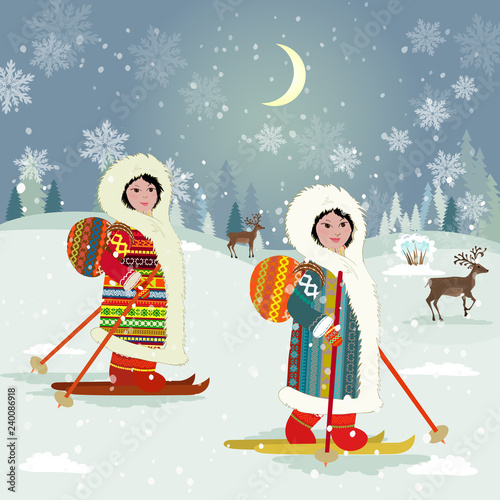 winter night landscape with skiing girls in traditional costume