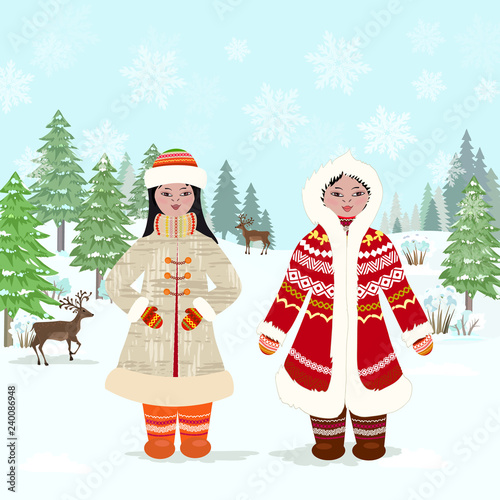 winter forest landscape with girls in traditional costume of nor
