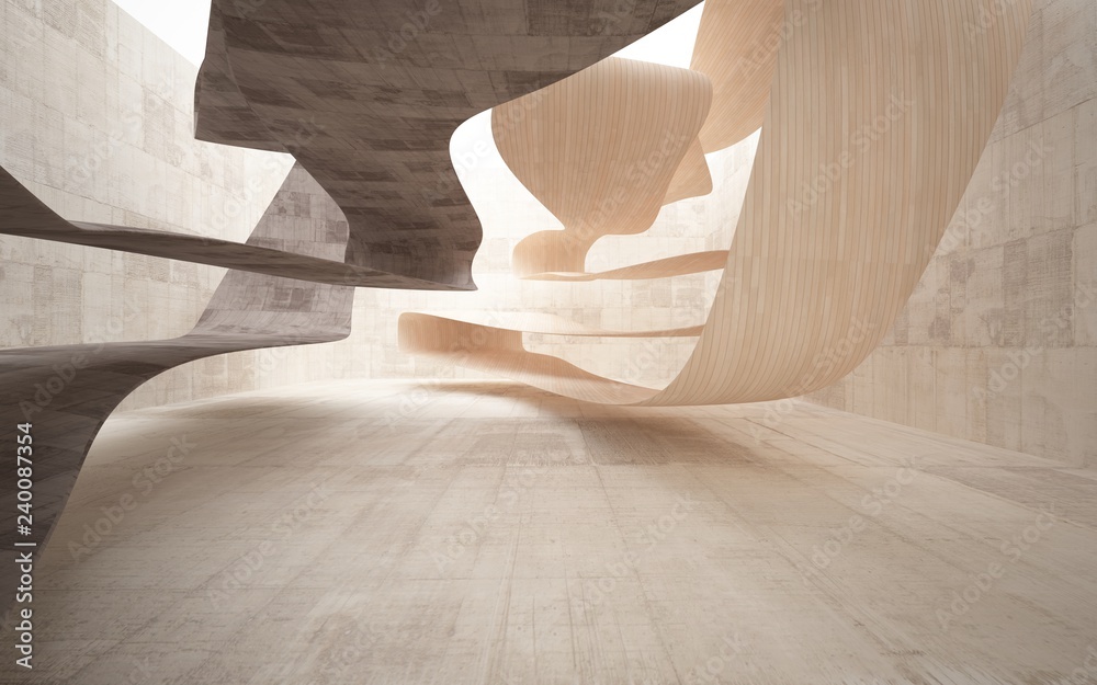 Empty dark abstract brown concrete smooth interior with wood . Architectural background. 3D illustration and rendering