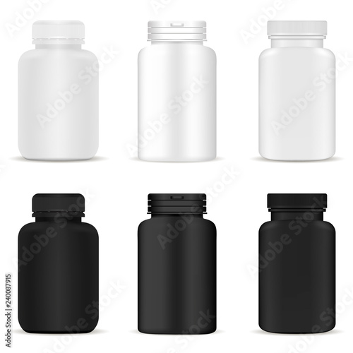 Pill Bottles Mockup Set. Medicine Tablet Plastic Container. Pharmaceutical Drug Jar. Round Blank Pakage for Supplenment, Tab in Black and White. 3d Vector Realistic Packaging Closup. Medical Cylinder.