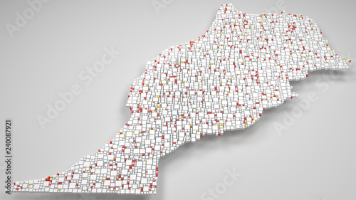3D Map of the  Kingdom of Morocco - Africa | 3d Rendering, mosaic of little bricks - White and flag colors. A number of 3838 little boxes are accurately inserted into the mosaic. Flag colors