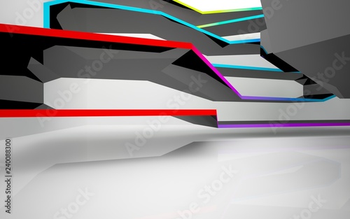 Abstract white interior of the future  with glossy black and colored gradient sculpture. 3D illustration and rendering