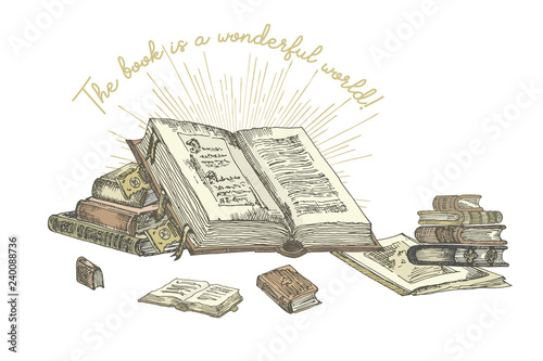Color vintage banner with hand drawing sketch books isolated on white and text Book is a wonderful world. Concept vintage design for fair or festival flyer, bookshop advertising in engraving style