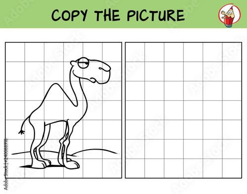 Camel in the desert. Copy the picture. Coloring book. Educational game for children. Cartoon vector illustration