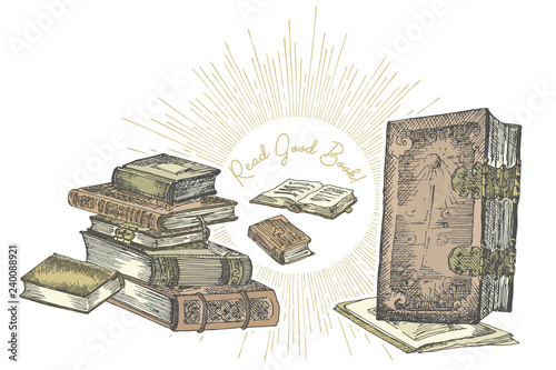 Color vintage banner with hand drawing sketch books isolated on white and text Read good book is a wonderful world. Concept vintage design for fair or festival flyer, bookshop advertising