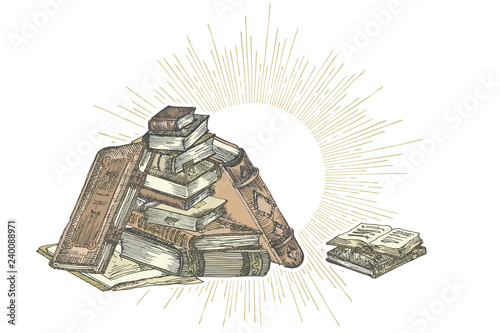 Color vintage banner with hand drawing sketch books isolated on white and plase for your text Concept vintage design for fair or festival flyer, bookshop advertising in engraving style