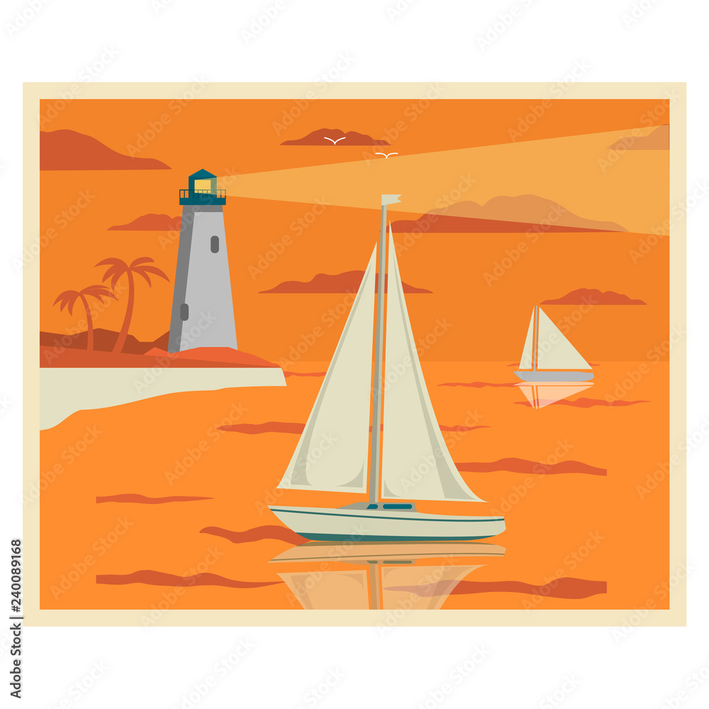 Naklejka premium Sunset landscape with the yacht and a beacon.Summer tropical resort beach sandy both palm trees.Lighthouse rock. A sea landscape sailing yacht.Vessel, ship. Sea tour on a holiday. Flat vector.