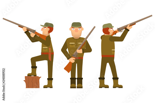 Set cartoon character man huntergun of hunters guns in flat vector.Various poses shotgun knife and bullets.Equipment for hunting.Person a rifle.Ammunition for campaigns. Boots, cap,weapon.