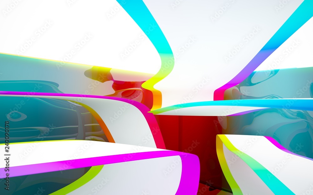 Abstract dynamic interior with white smooth objects and gradient colored wave room . 3D illustration and rendering