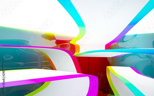 Obraz na płótnie Abstract dynamic interior with white smooth objects and gradient colored wave room . 3D illustration and rendering w salonie