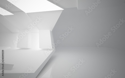 Abstract white interior of the future. Night view from the backlight. Architectural background. 3D illustration and rendering 