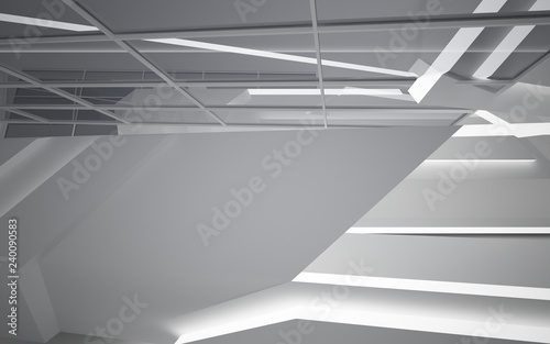 Abstract white interior of the future. Night view from the backlight. Architectural background. 3D illustration and rendering 