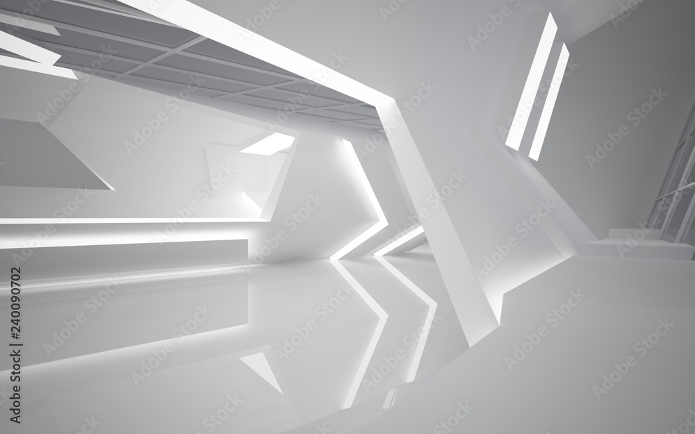 Abstract white interior of the future. Night view from the backlight. Architectural background. 3D illustration and rendering Abstract white interior of the future. Night view from the backlight. Architectural background. 3D illustration and rendering