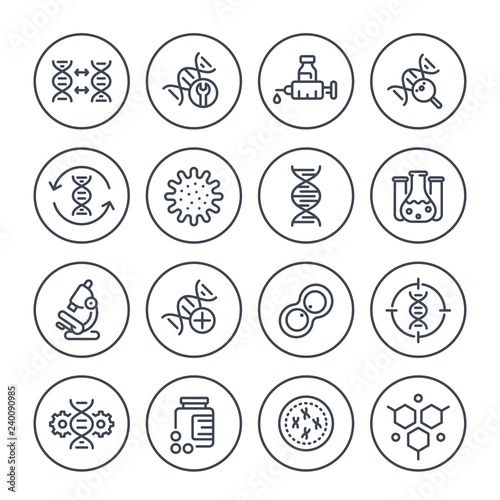 genetics line icons, dna chain, gene editing and genetic research, vector