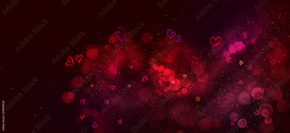 Valentine's Day Background. Abstract Red Bokeh and Hearts on dark background.