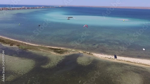 Kite surfing on Donuzlav lake. Mirny. Crimea. August 2018. Aerial drone view. photo