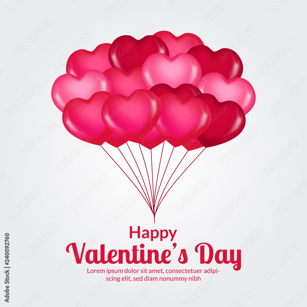 Valentine day with 3g hearth flying helium balloon. vector illustration