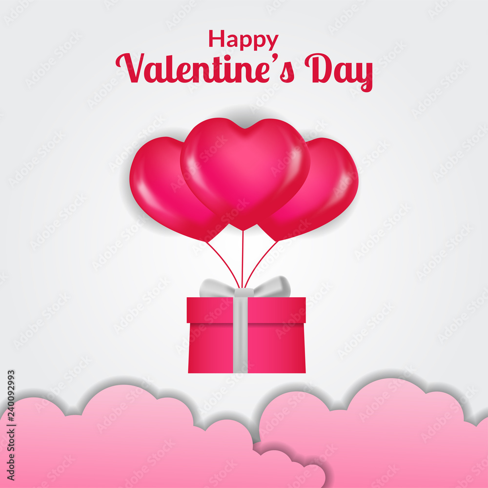 Valentine day with 3g hearth flying helium balloon nad cloud paper cut style. vector illustration