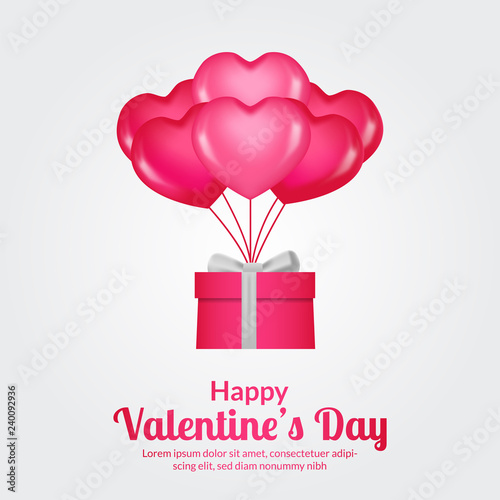 Valentine day with 3g hearth flying helium balloon nad. vector illustration