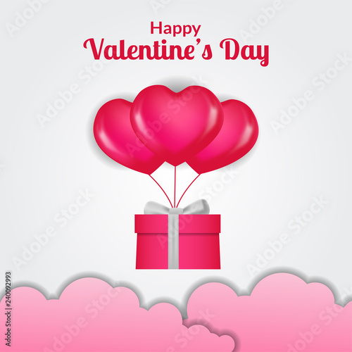 Valentine day with 3g hearth flying helium balloon nad cloud paper cut style. vector illustration
