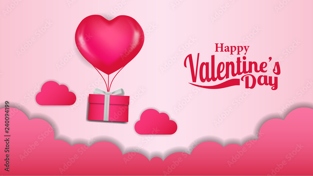 Valentine day banner template with flying helium balloon and paper cut style of cloud. Vector illustration