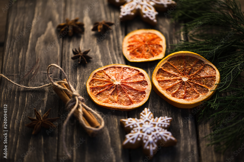 Food Christmas Decorations on wooden background