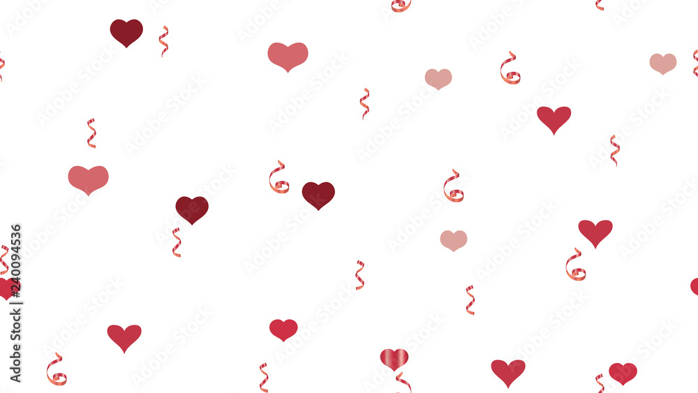 Element of packaging, textiles, wallpaper, banner, printing. Vector Seamless Pattern on a White Background. Scattered Red confetti. Stylish Pattern of Hearts and Serpentine.