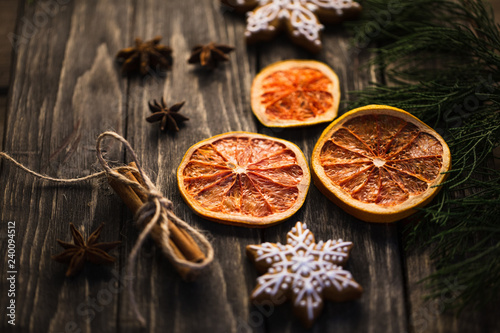 Food Christmas Decorations on wooden background